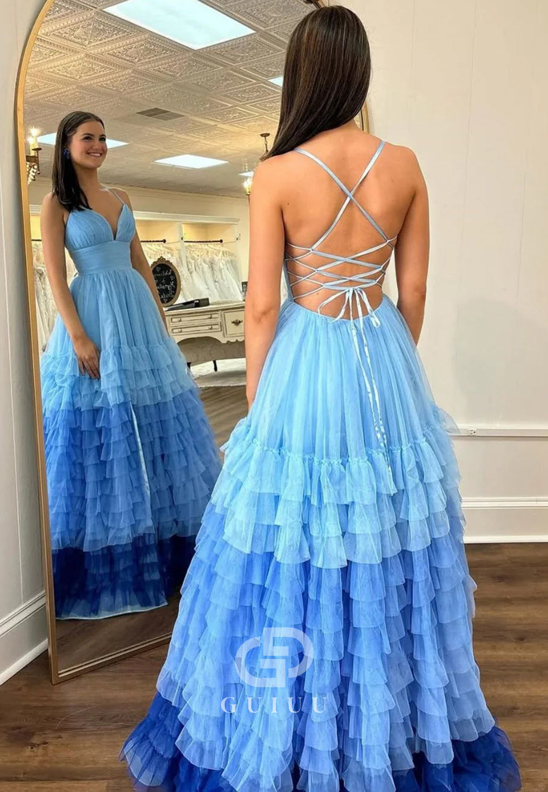 A-Line Spaghetti Straps V-Neck Ruffles Slit Prom Dress