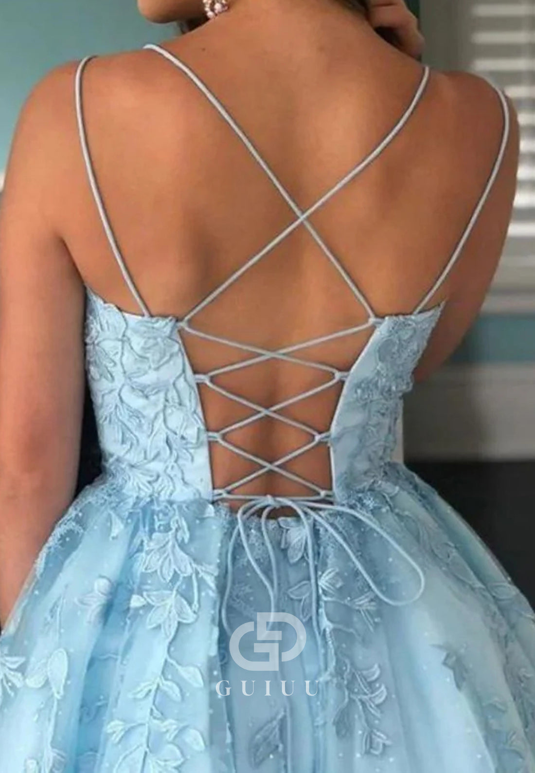 Sky Blue Spaghetti Straps Scoop Lace-Up Back Homecoming Dress