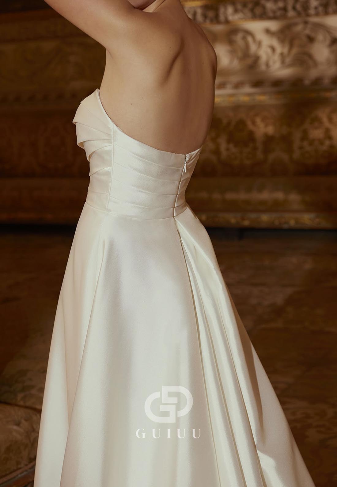 Elegant Short Sleeves Off-Shoulder Slit Satin Wedding Dress