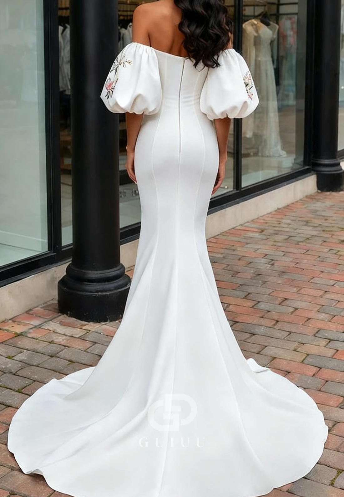 Elegant Short Sleeves Off-Shoulder Slit Appliques Wedding Dress