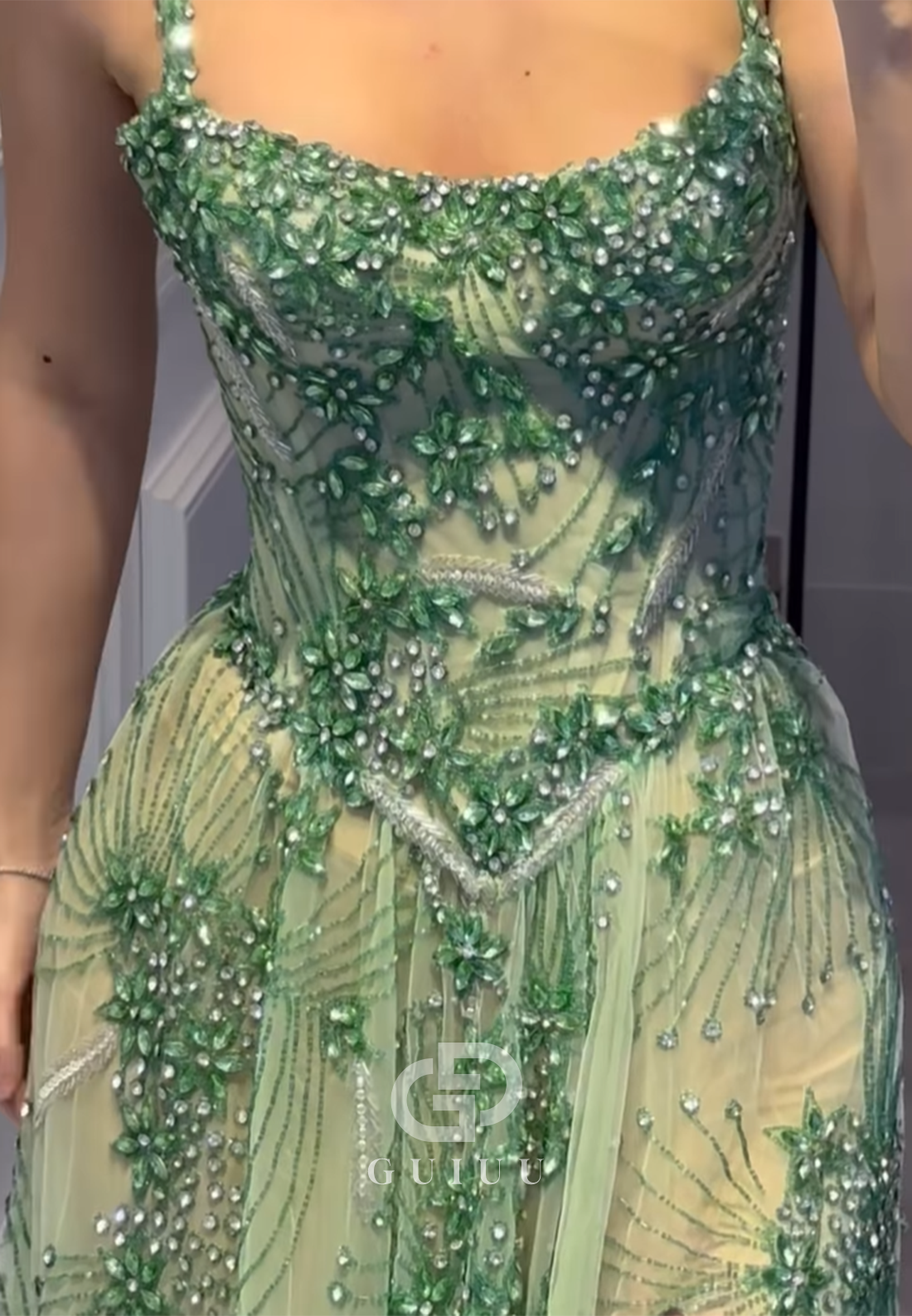 Spaghetti Straps Scoop Rhinestone Prom Dress with Slit