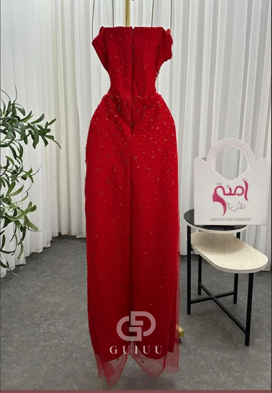 Red Strapless Sleeveless Slit Beads Ruched Prom Dress