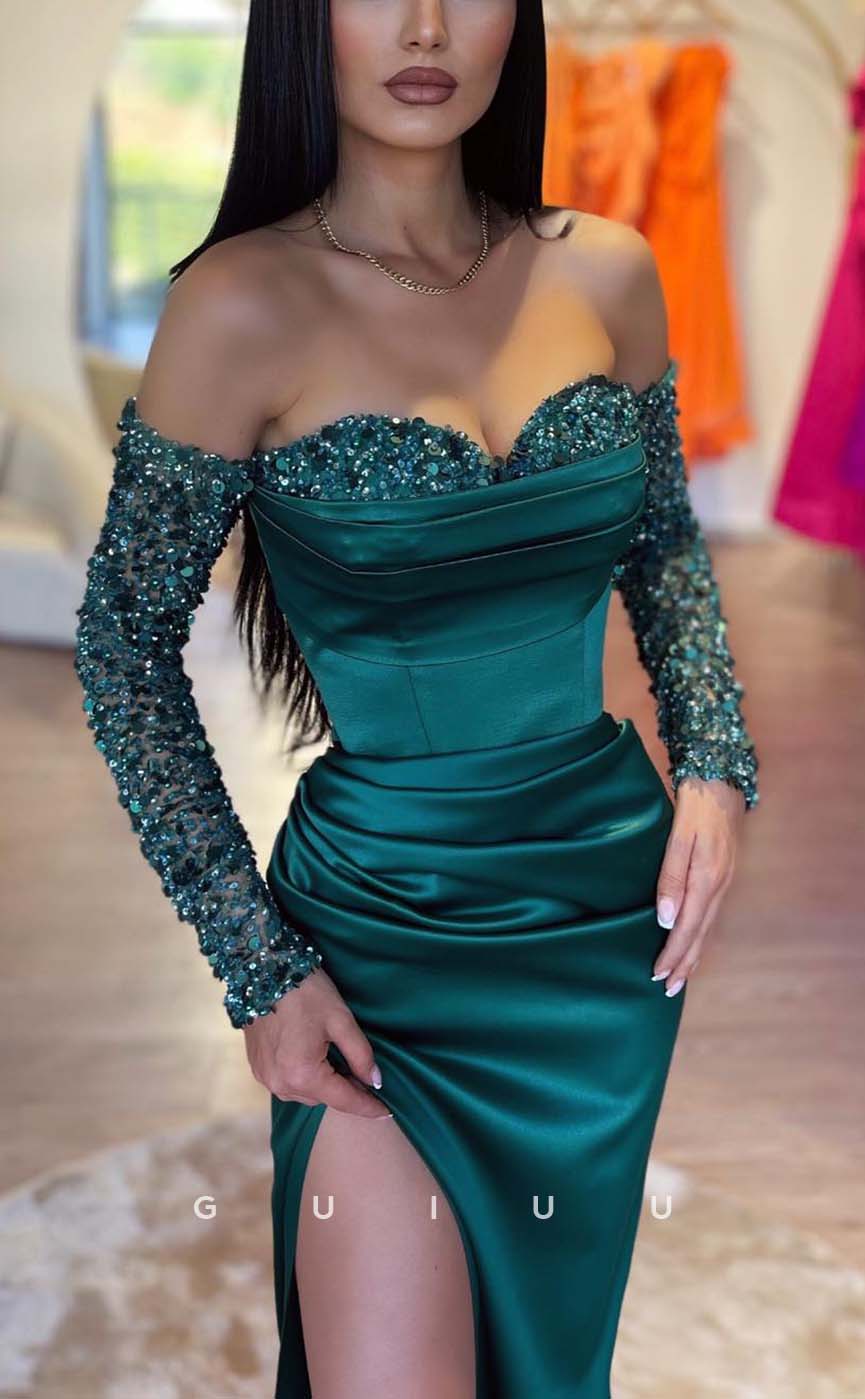 G3231 - Classic & Timeless Sequins Beaded Off-Shoulder Long Sleeves Formal Prom Dresses