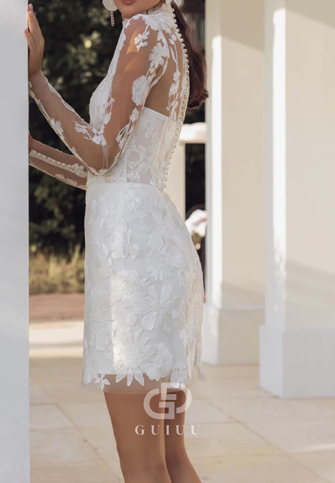 High Neck Long Sleeves Appliques Short Wedding Dress