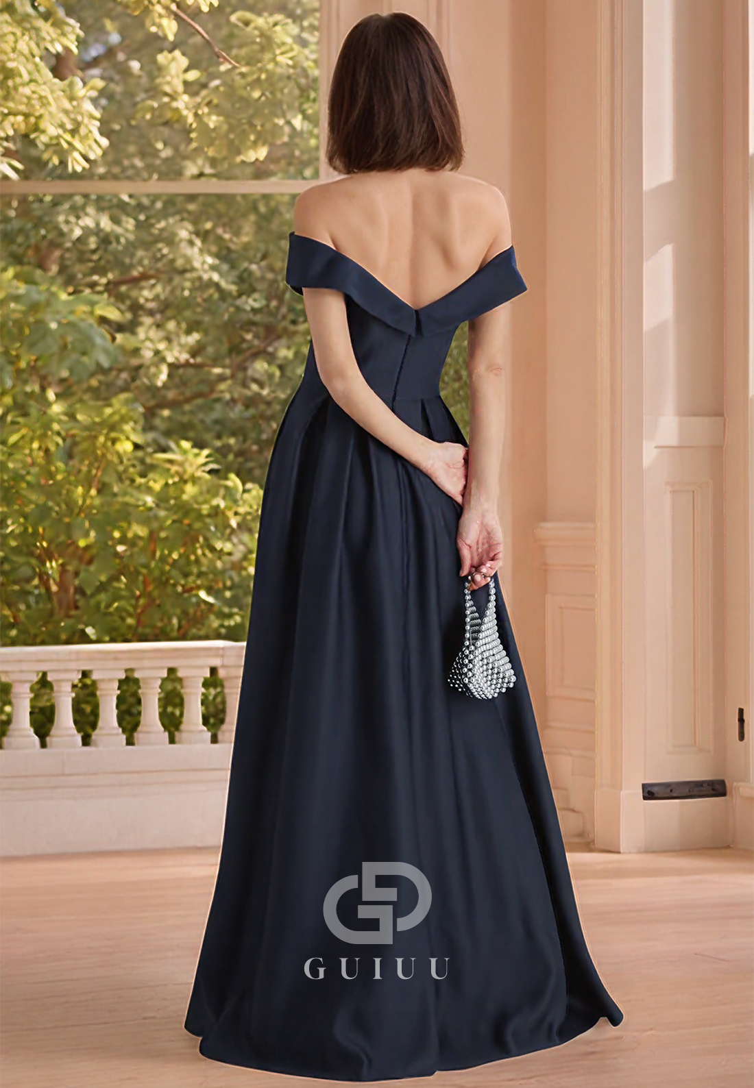 Dark Navy Off-Shoulder Ruched Empire-Waist Mother of the Bride Dress