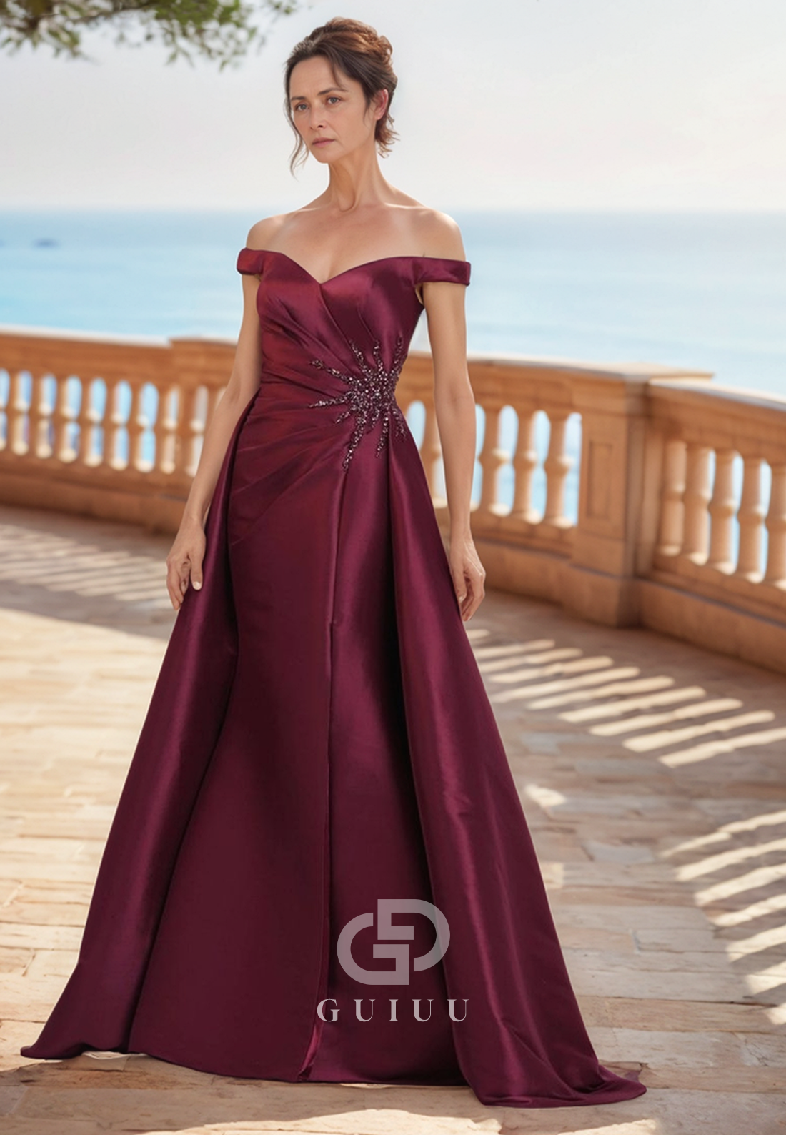 Elegant Off-Shoulder Appliques Ruched Satin Mother of the Bride Dress