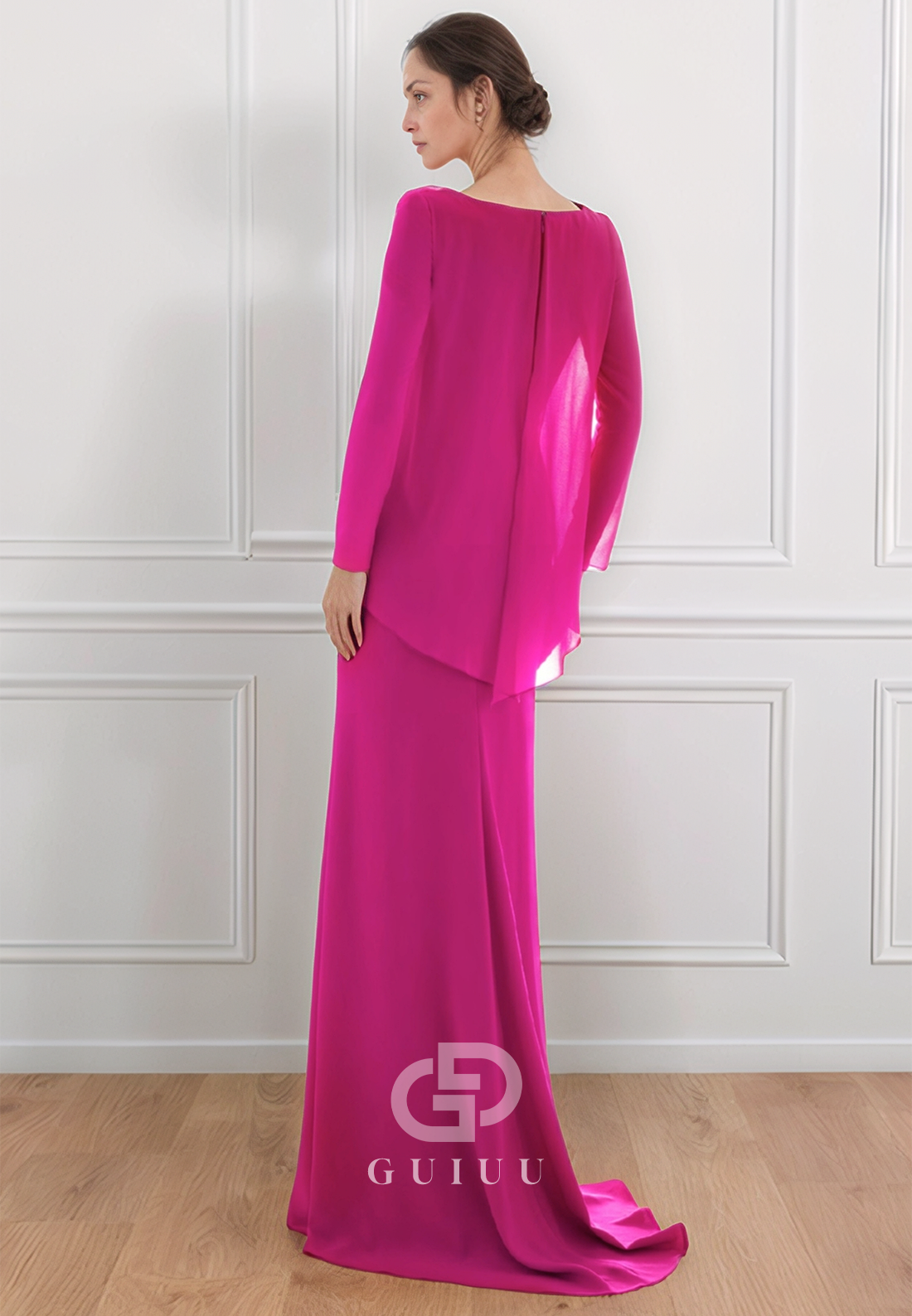 Fuchsia A-Line Long Sleeves Scoop Floor-Length Mother of the Bride Dress