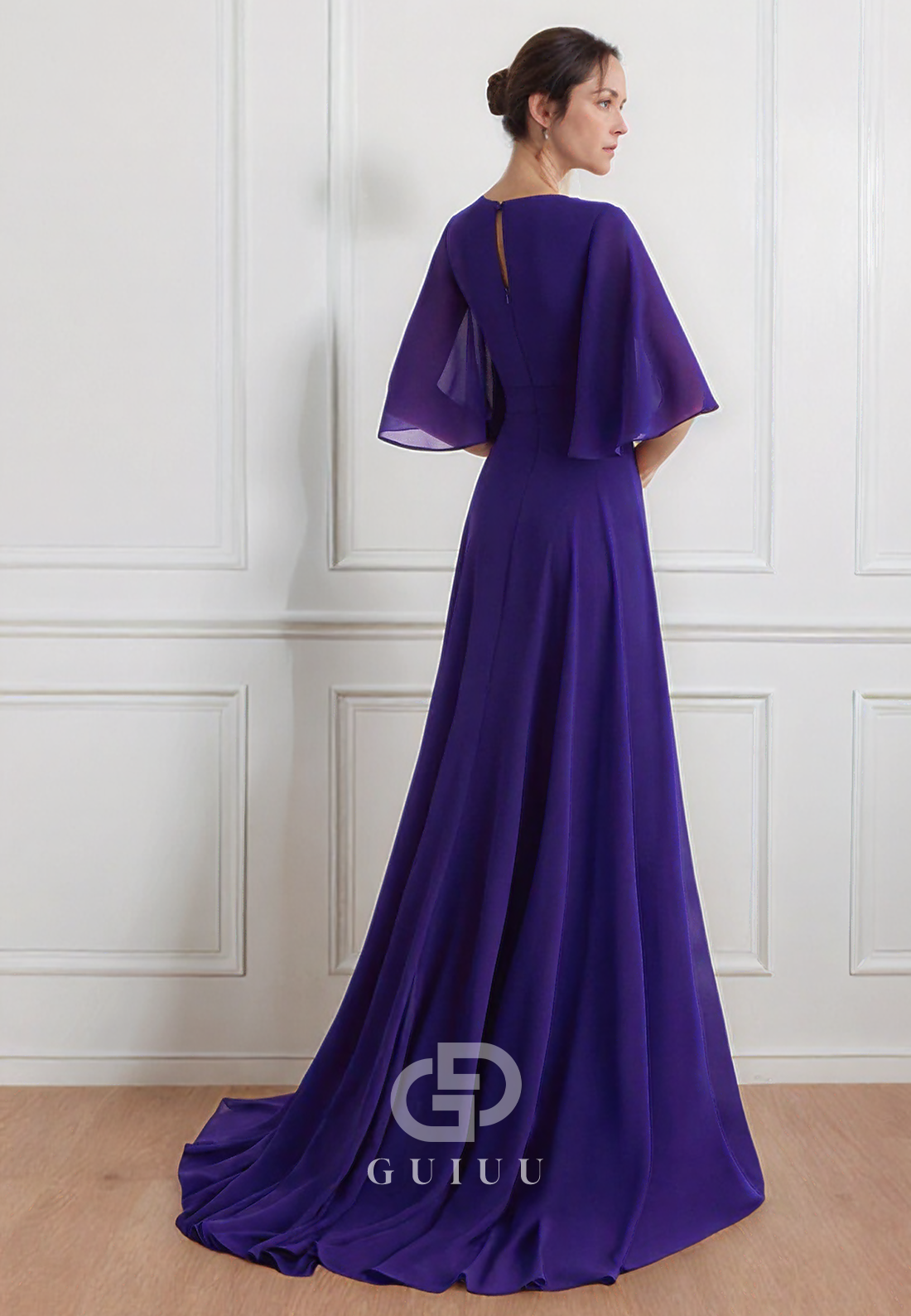 Regency V-Neck Short Sleeves Sweep Train Chiffon Mother of the Bride Dress