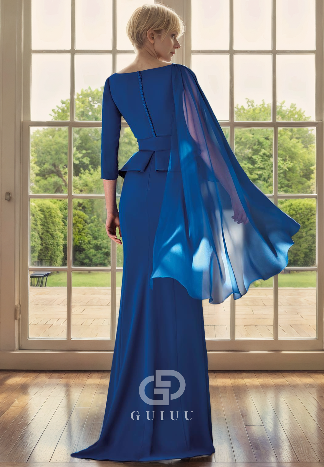 Mermaid V Neck 34 Length Sleeve Pleated Ruffles Back Button Chiffon Mother of Bride Dress with Belt