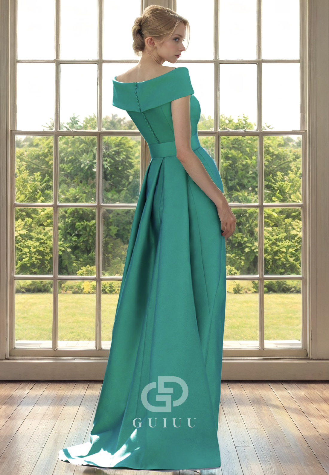 GM282 - A-Line Off Shoulder Short Sleeves Pleated Ruffles Cocktail Dress with Slit