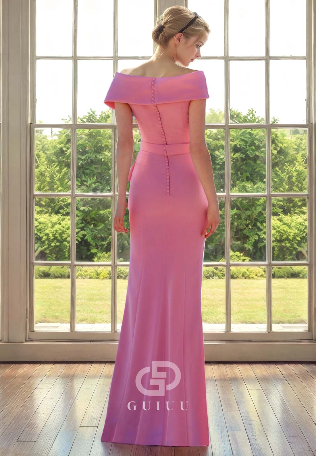 Sheath Off Shoulder Sleeves Pleated Ruffles Back Zipper Buttons Mother of Bride Dress