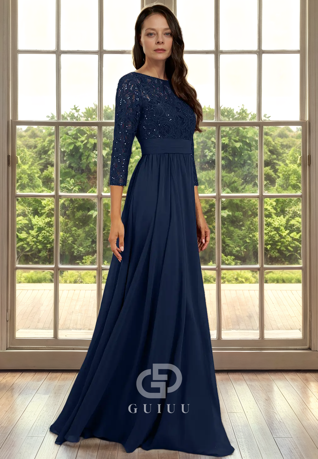 A-Line Scoop Neck 34 Length Sleeves Lace Beaded Back Zipper Mother of Bride Dress