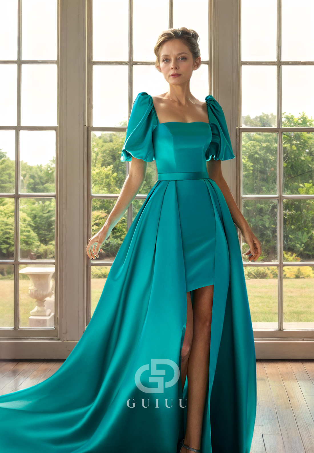 Sheath Square Neck Half Lantern Sleeves Back Zipper Knee Length Mother of Bride Dress with Detachable Train