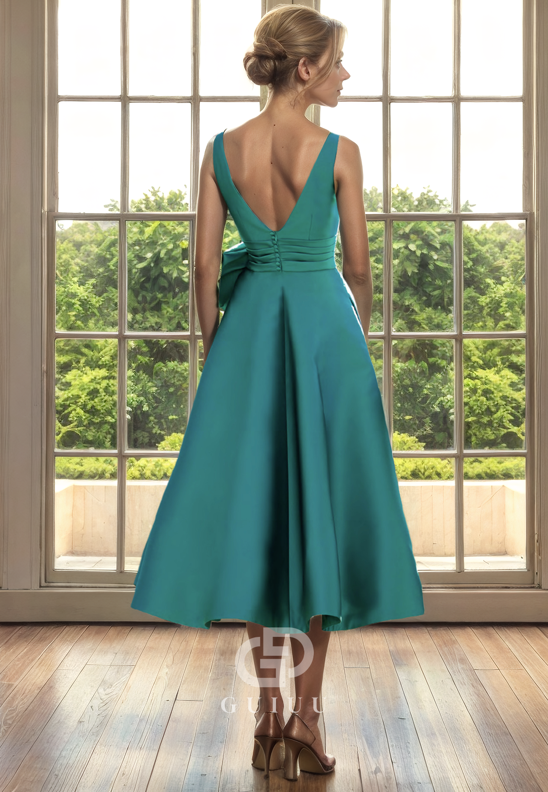 A-Line Scoop Neck Sleeveless Pleated Tea Length Mother of Bride Dress
