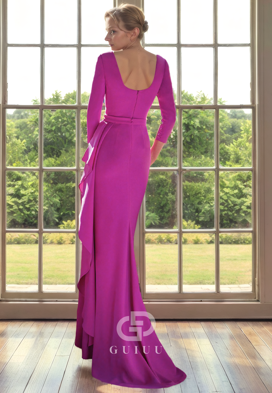 Sheath V Neck 34 Length Sleeves Ruffles Back Zipper Mother of Bride Dress with Slit