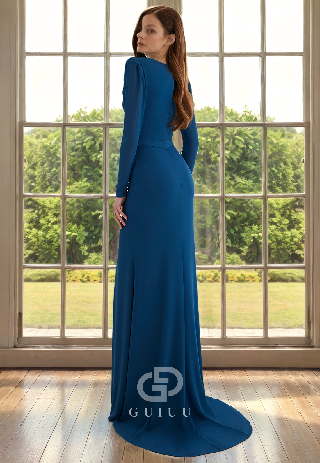 Sheath V Neck Long Sleeves Pleated High Side Slit Mother of Bride Dress