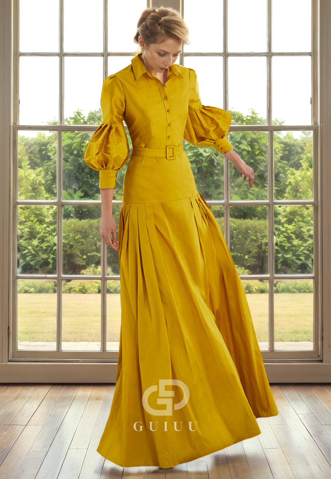 A-Line Long Lantern Sleeves Wedding Guest Mother of Bride Dress