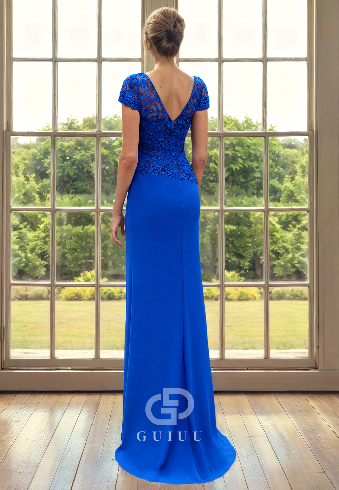 Sheath Scoop Neck Short Sleeves Lace V Back Mother of Bride Dress