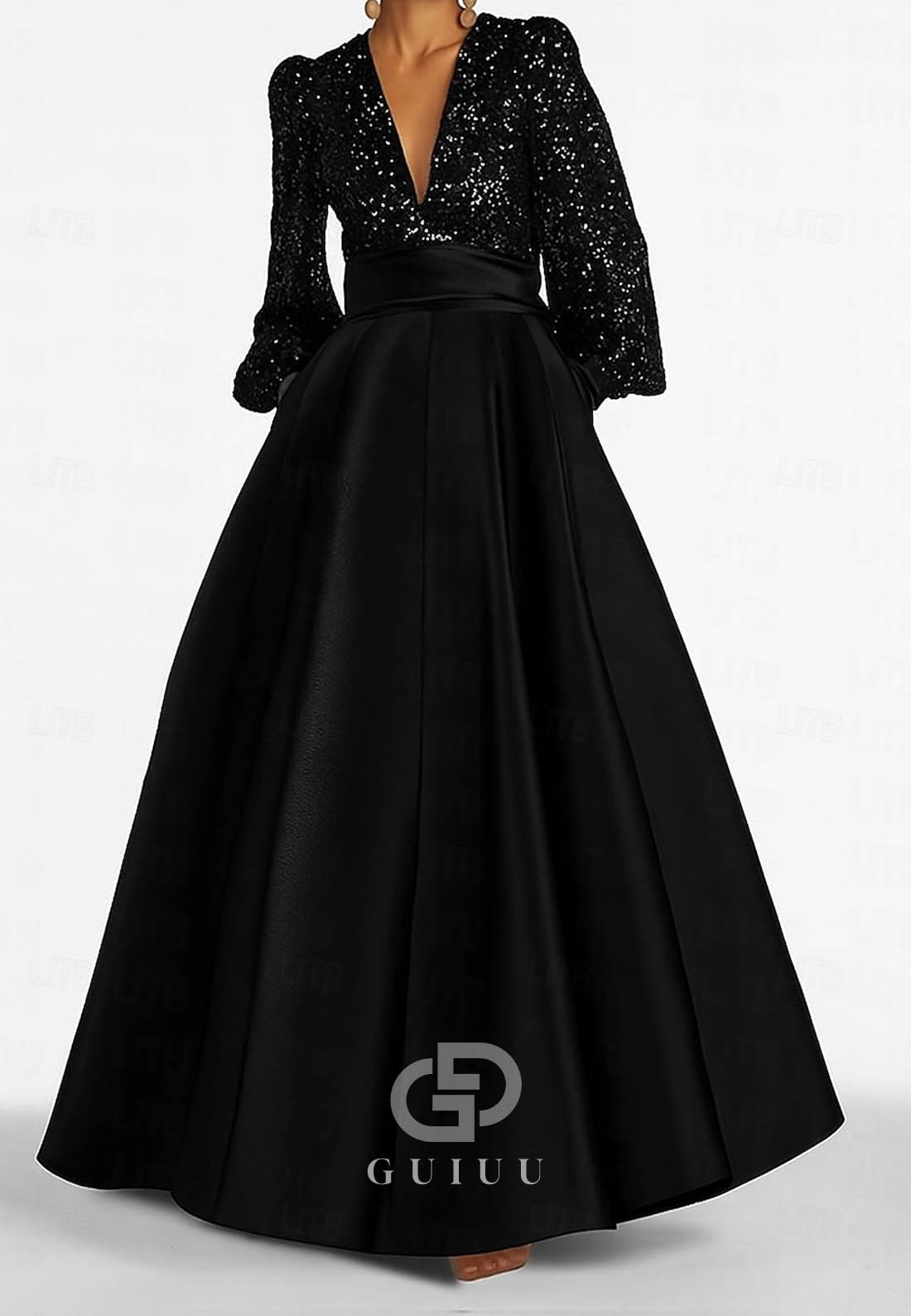 A-Line Floor Length Evening Gown Satin Sequined with Glitter Pleats Pocket