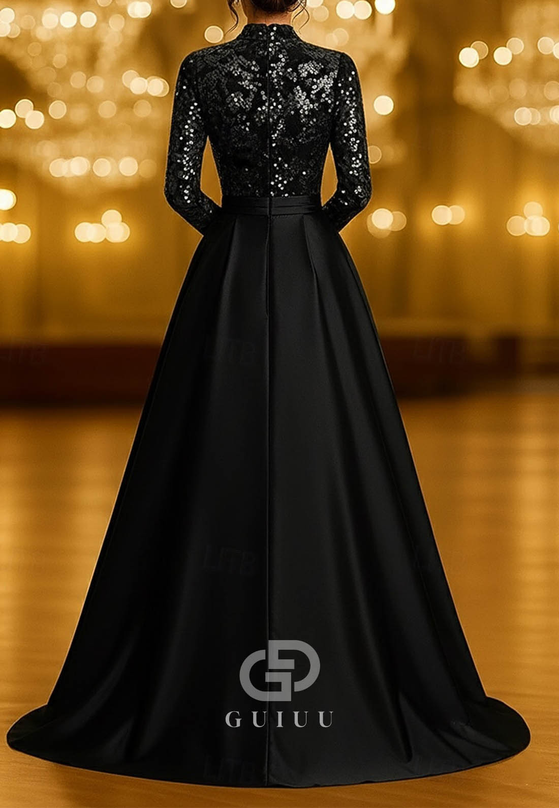 A-Line Evening Dress Long Sleeve High Neck Pocket Satin Velvet with Glitter