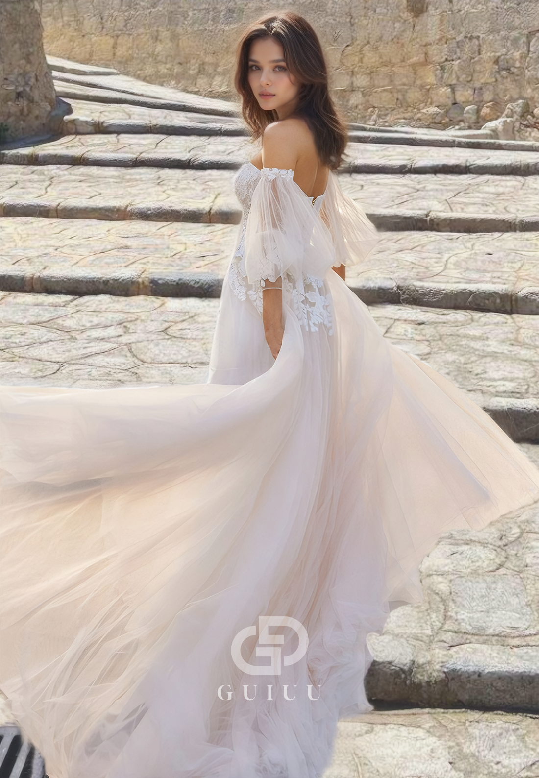 A-Line Gorgeous & Charming White Pleated Wedding Dress with Lace Appliques and Sleeves