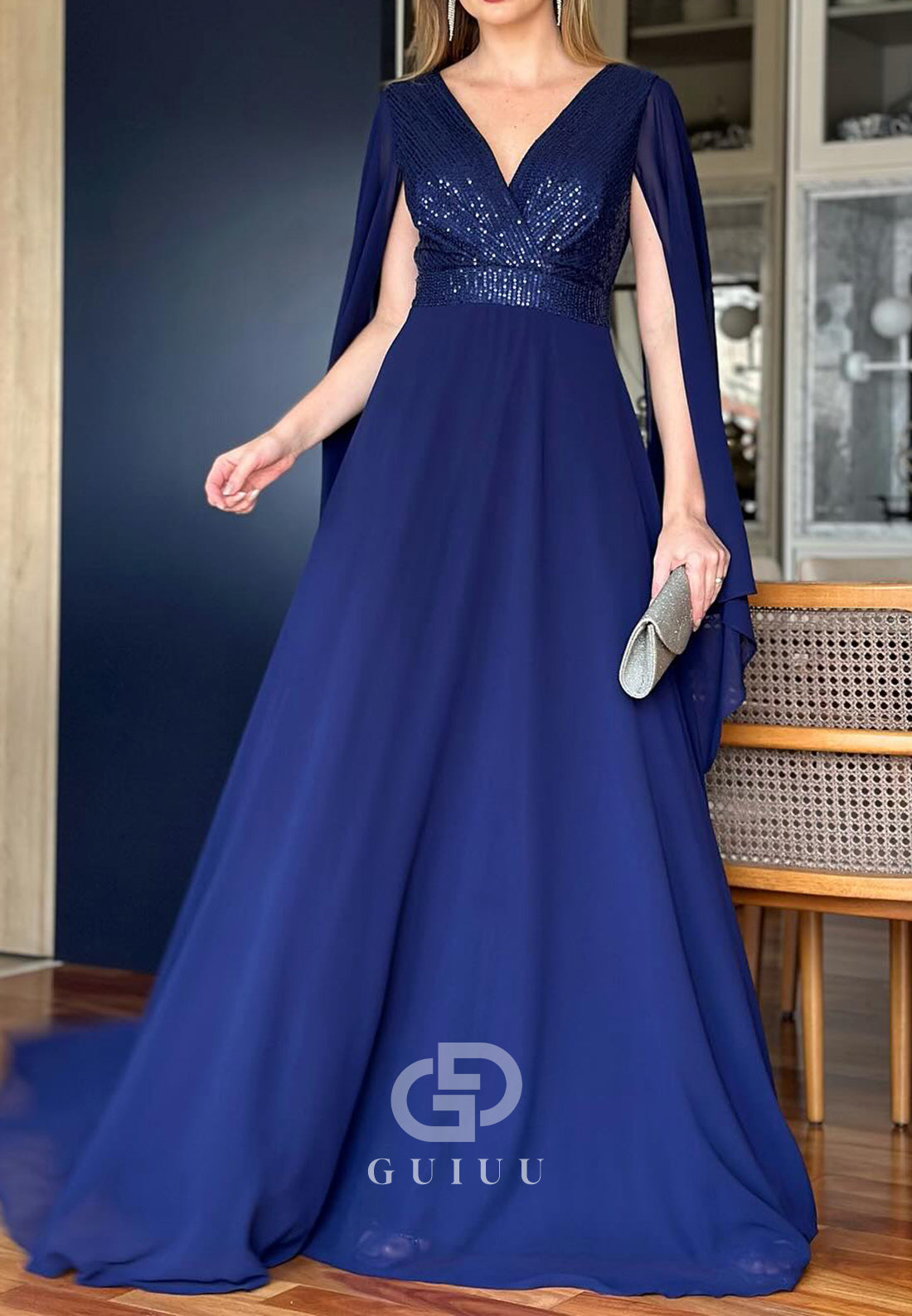 A-Line Long Sleeves V-Neck Empire-Waist Mother of the Bride Dress – GUIUU