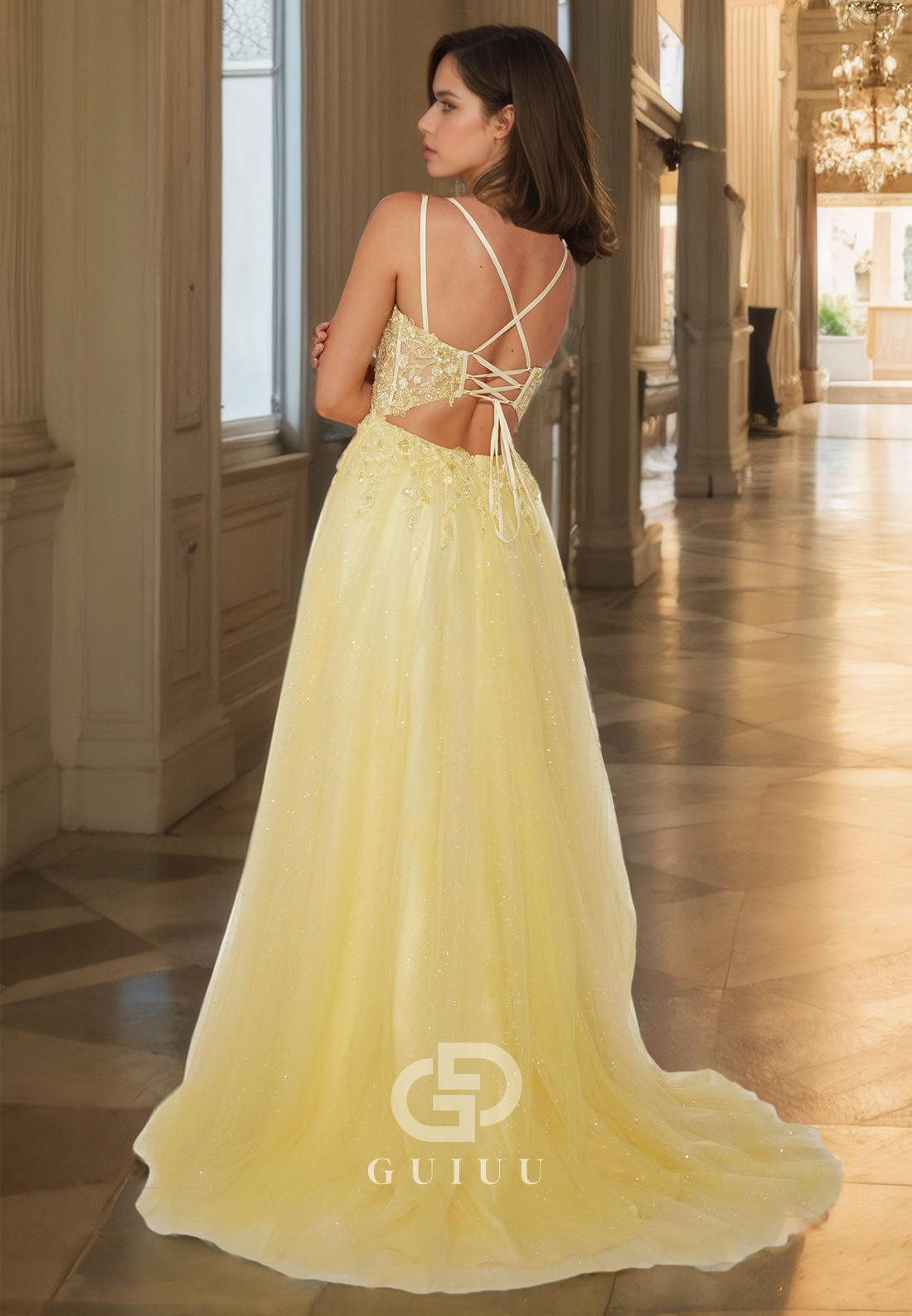 A-Line Plunging Illusion Pleated Beaded Lace-Up Prom Dress with High Slit and Lace Appliques