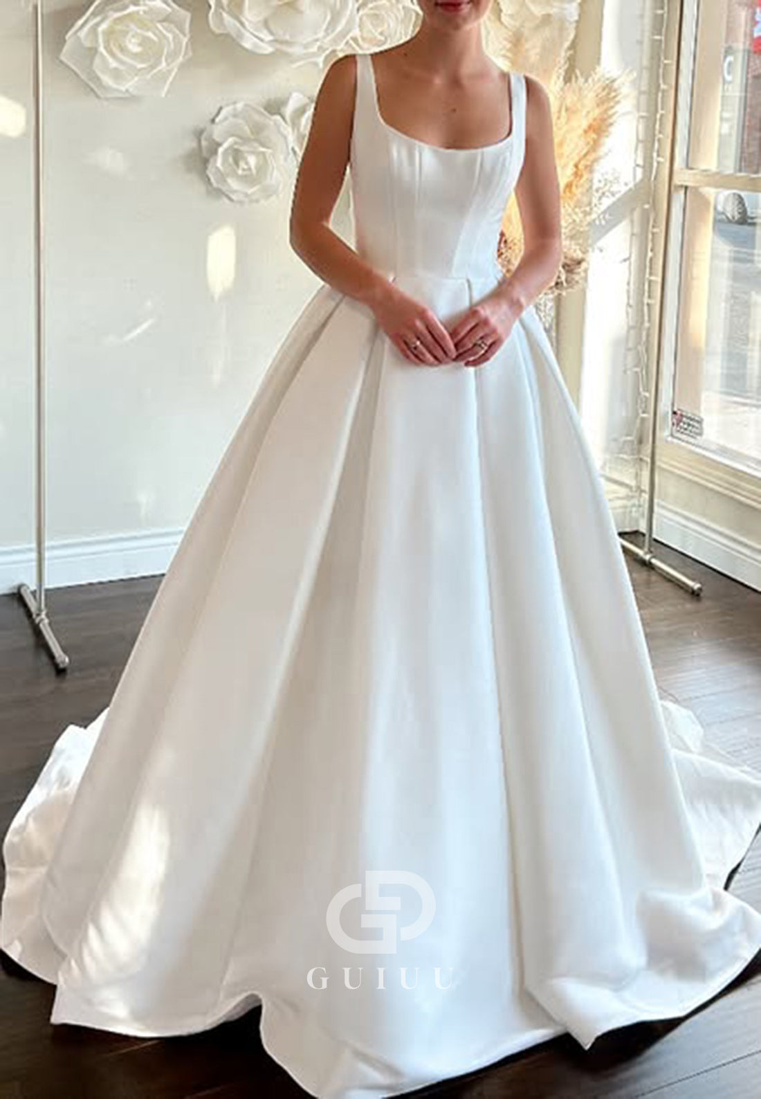 A-Line Spaghetti Straps Scoop Satin Wedding Dress