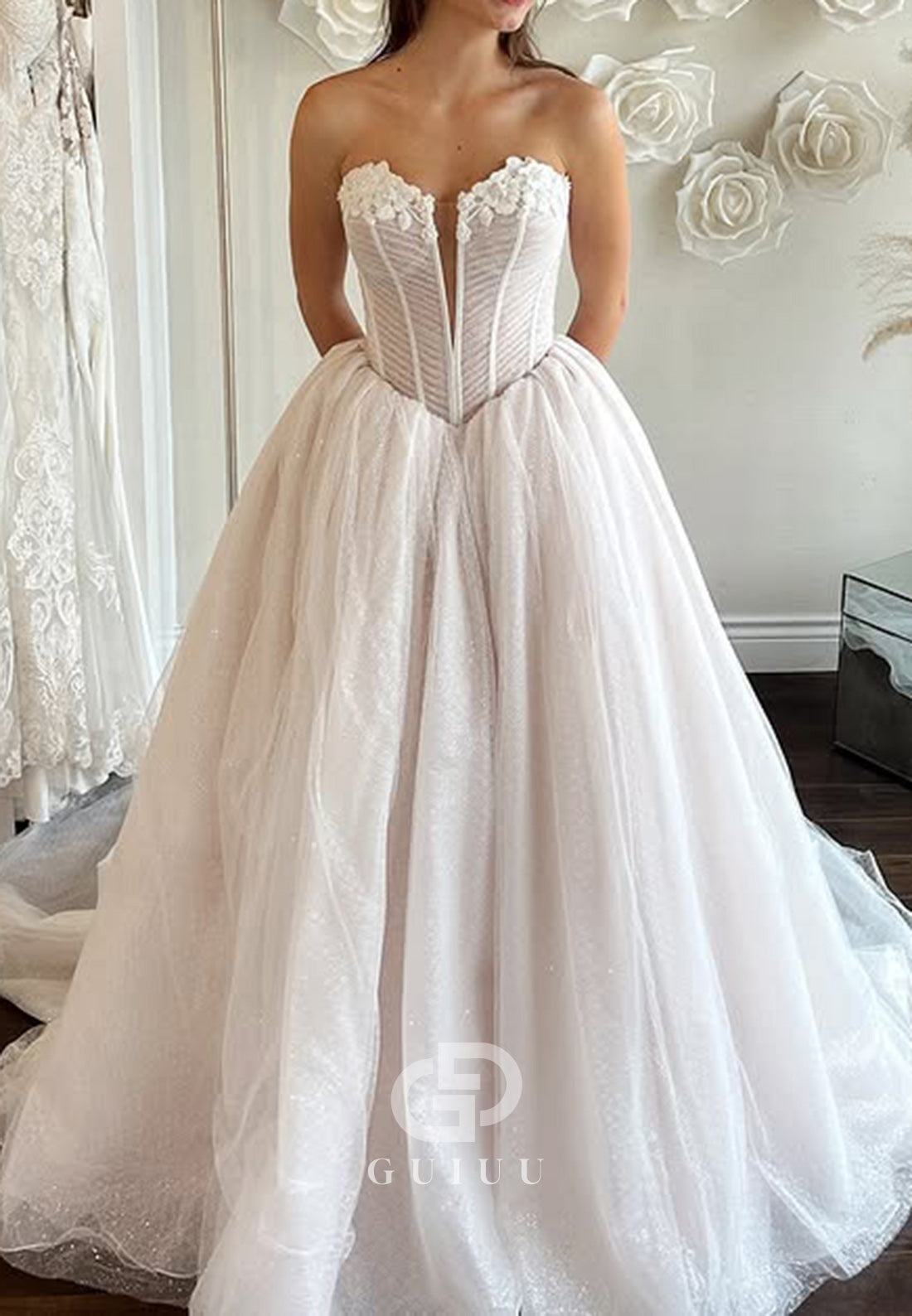 A-Line Strapless Sleeveless Corset Lace Wedding Dress