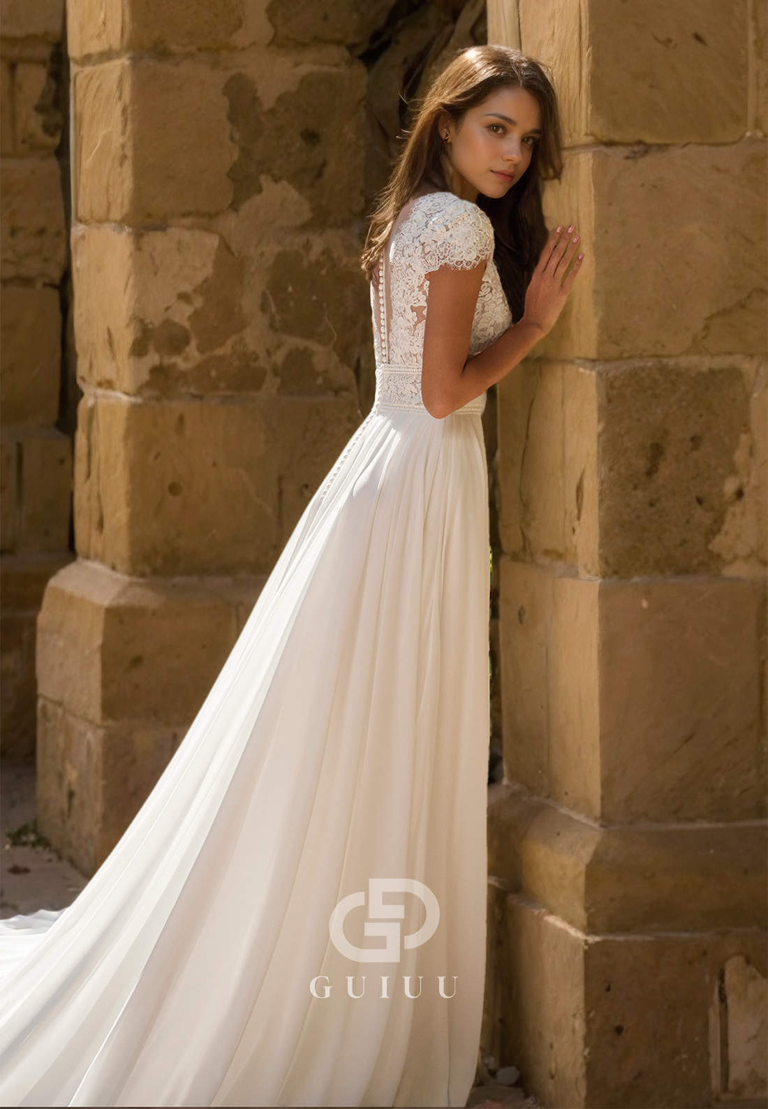 A-Line V-Neck Lace Appliques Ruched Wedding Dress with Side Slit and Sleeves
