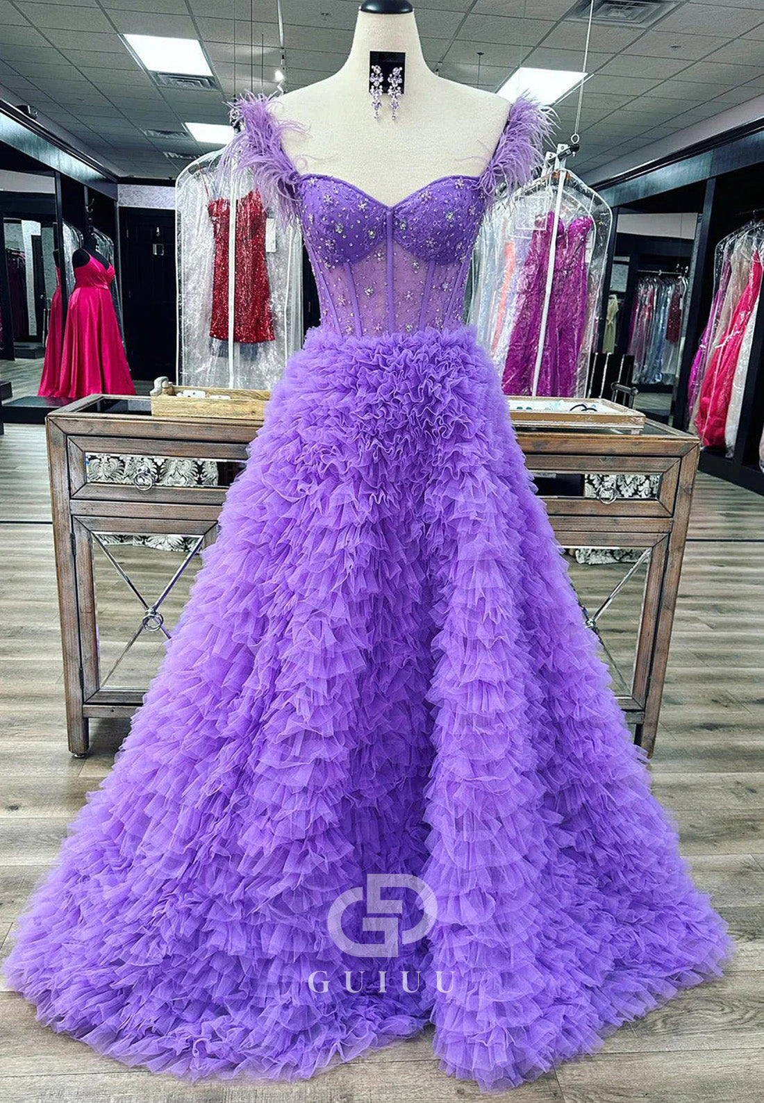 A-Line Sweetheart Tiered Tulle Long Prom Dress With Slit