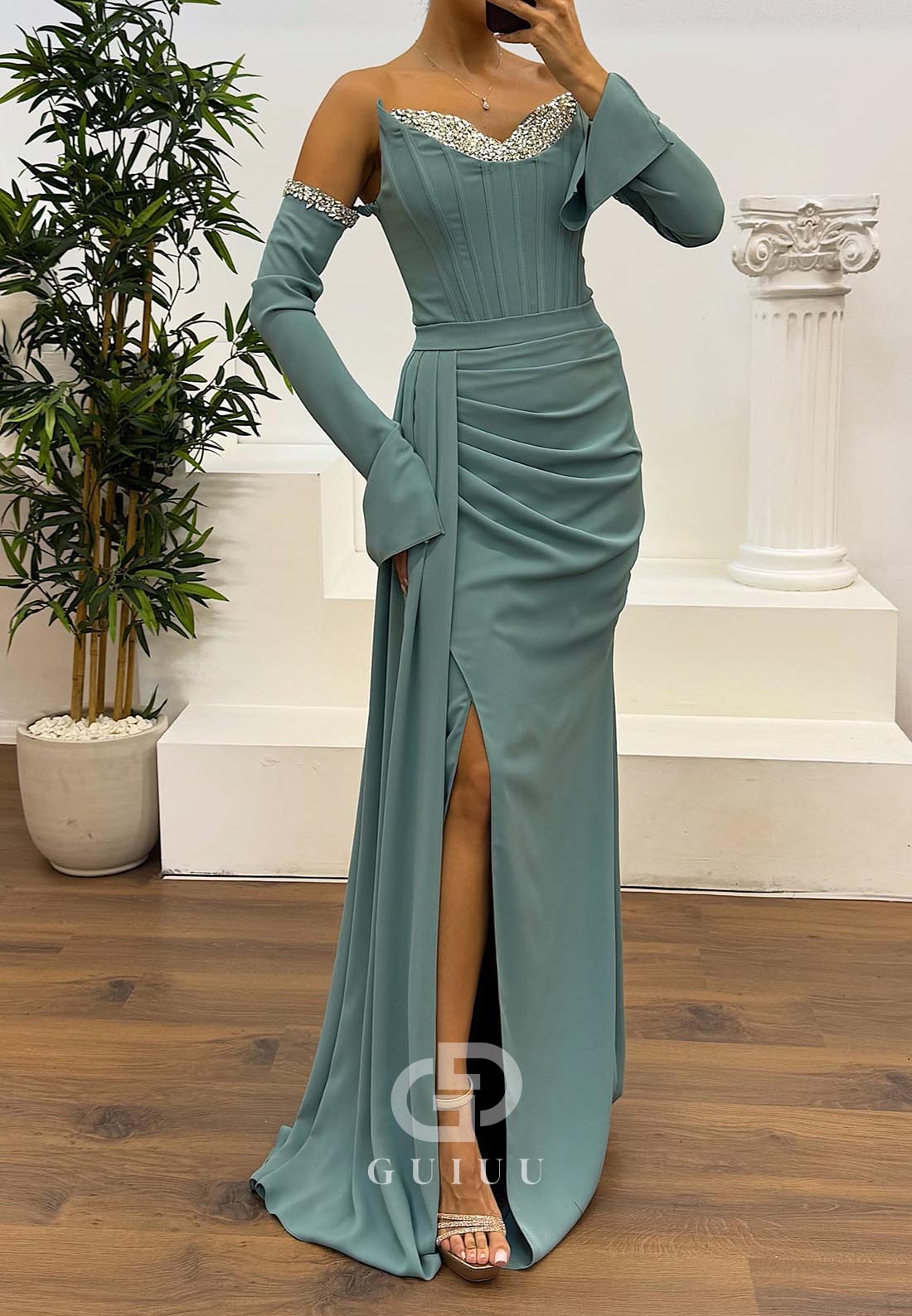 Agave Sheath Long Sleeves Off-Shoulder Ruched Evening Dress