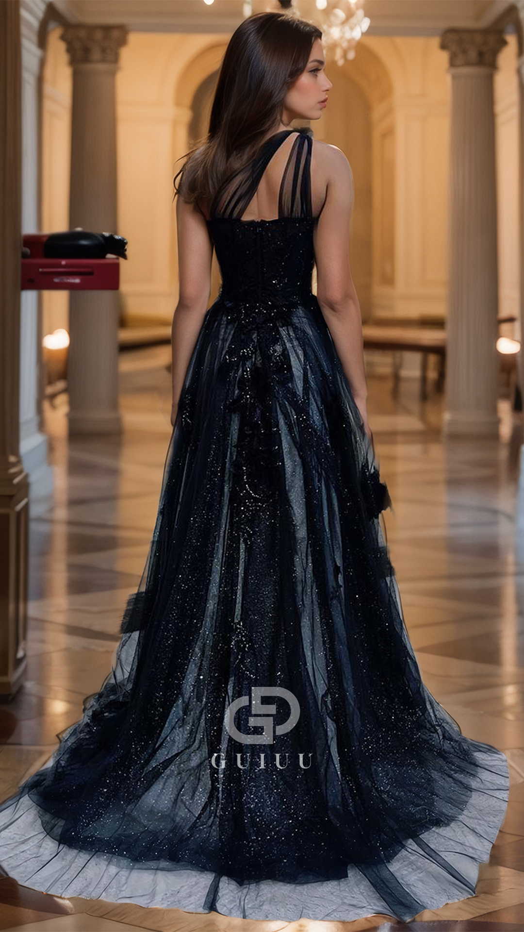 Asymmetrical Beaded Sequined A-Line Tulle Prom Dress with Side Slit