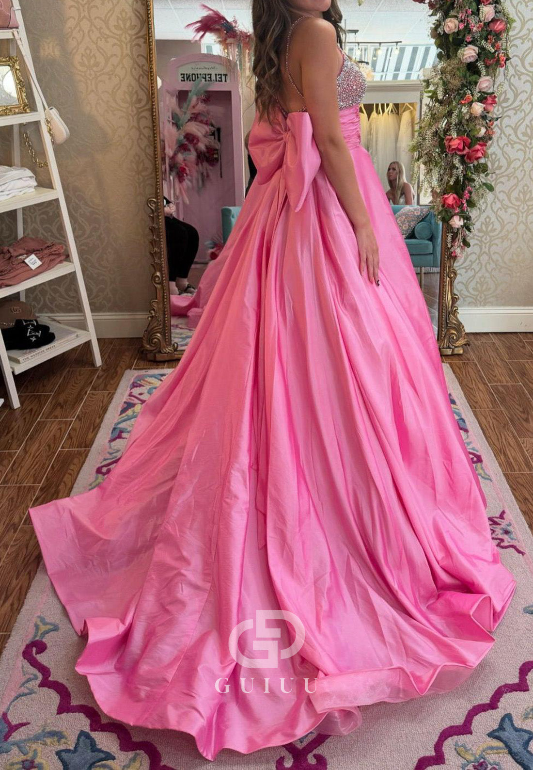 Beaded Pink Satin A-line Long Prom Dress with Bow