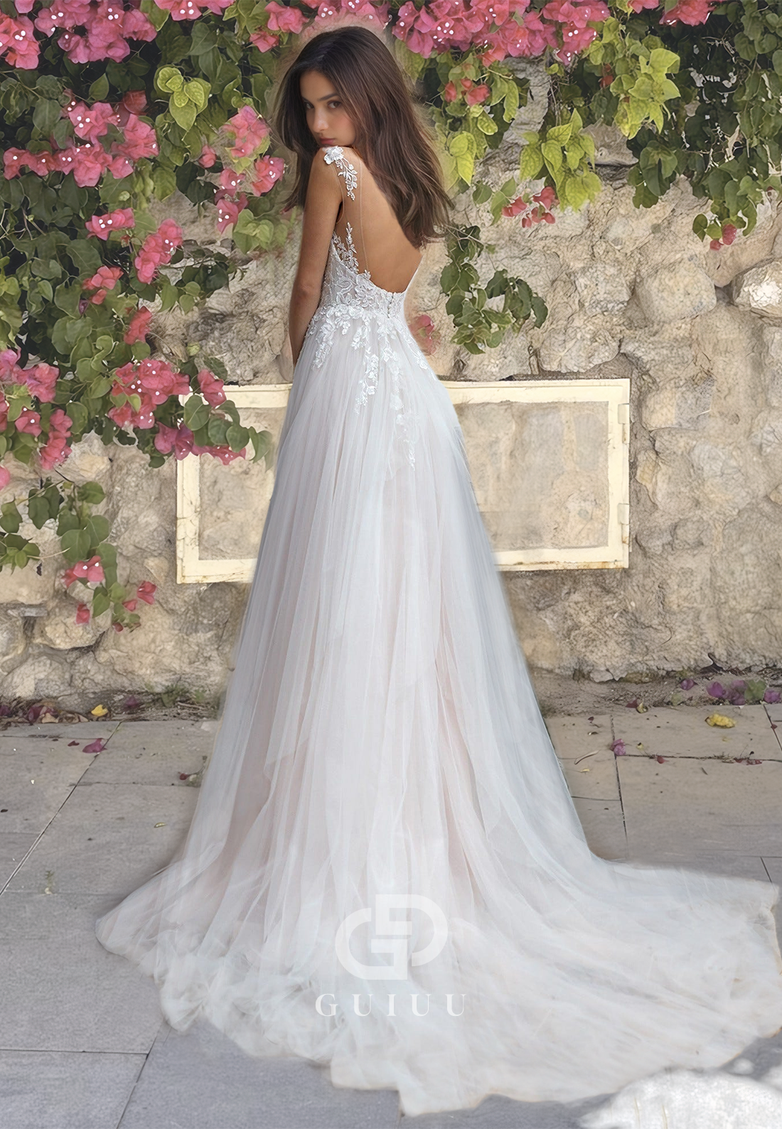 Beaded Ruched Long Wedding Dress Tulle V-Neck Open Back with Straps and Lace Appliques