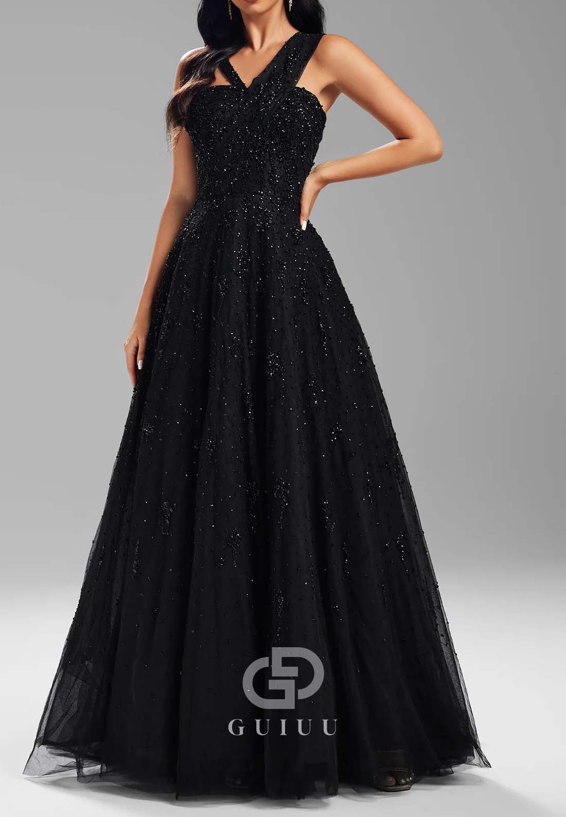 Black A-Line One Shoulder Sleeveless Empire-Waist Evening Dress