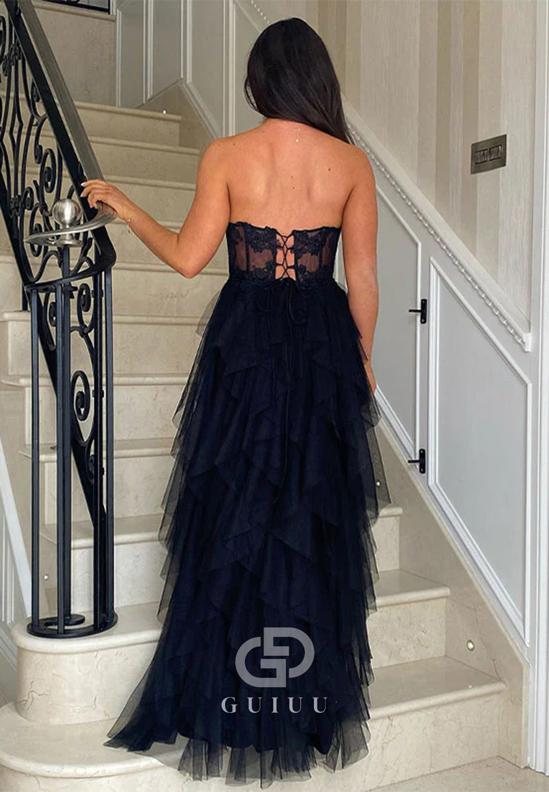 A-Line Strapless Tulle Tiered Long Prom Dress with Appliques