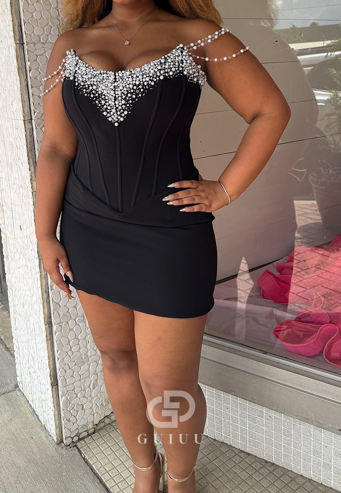 Black Beads Sleeveless Strapless Short Homecoming Dress