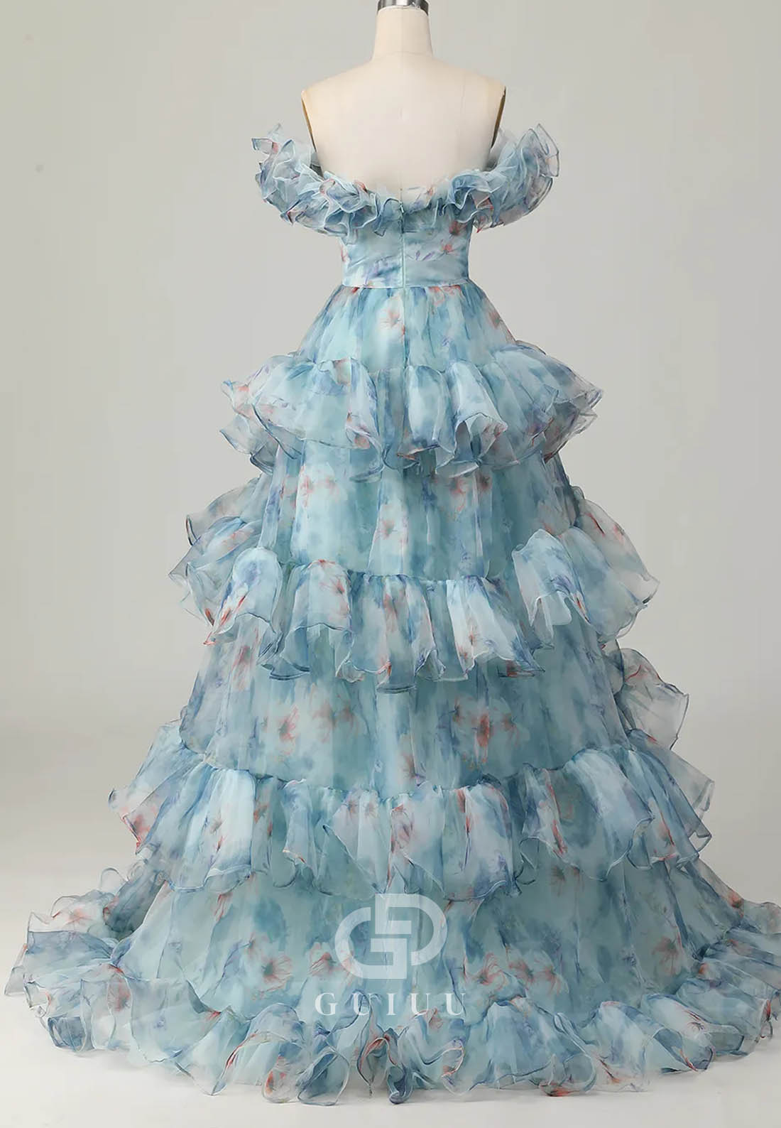 Blue Floral Print Off-Shoulder Princess Organza Ruffles Long Prom Dress
