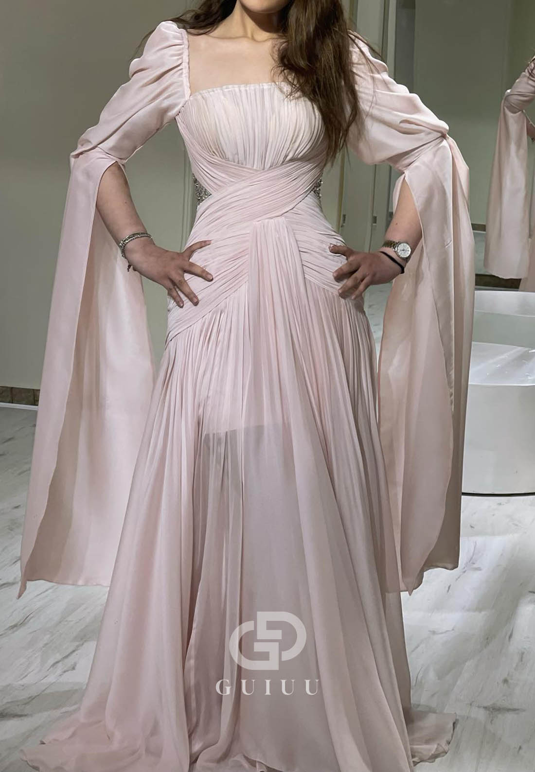 Blushing Pink Long Sleeves Sweetheart A-Line Ruched Prom Dress