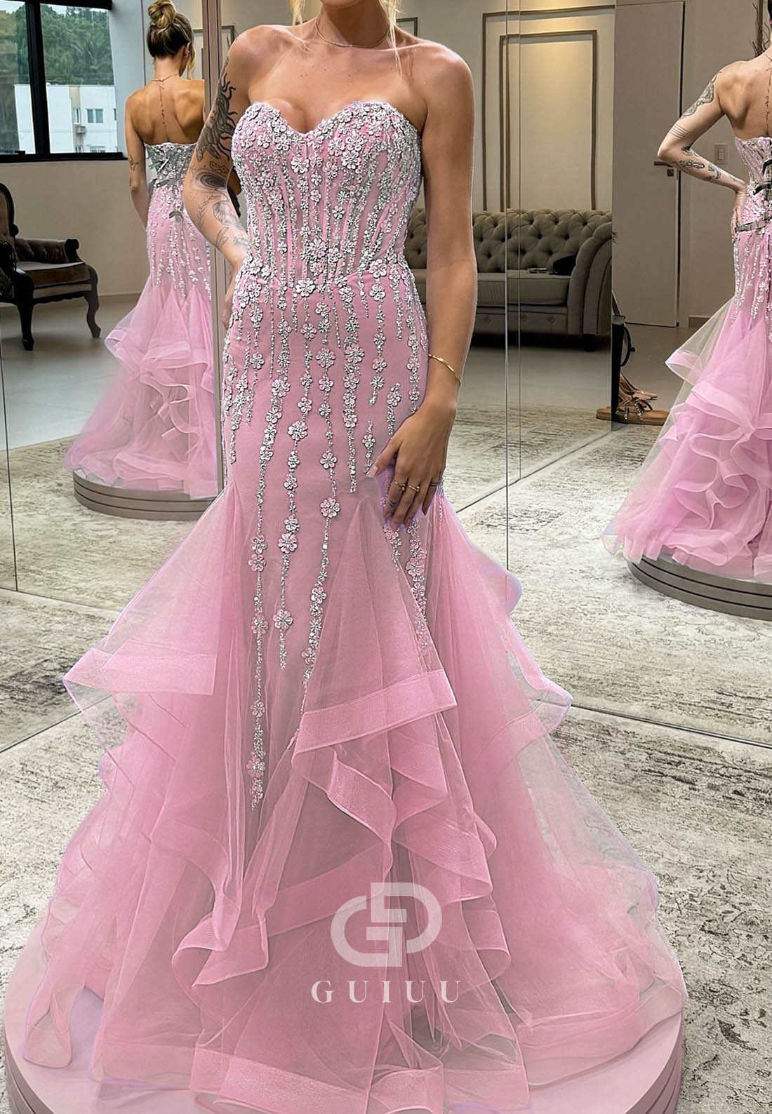 Blushing Pink Sleeveless Sweetheart Sequins Ruffles Prom Dress