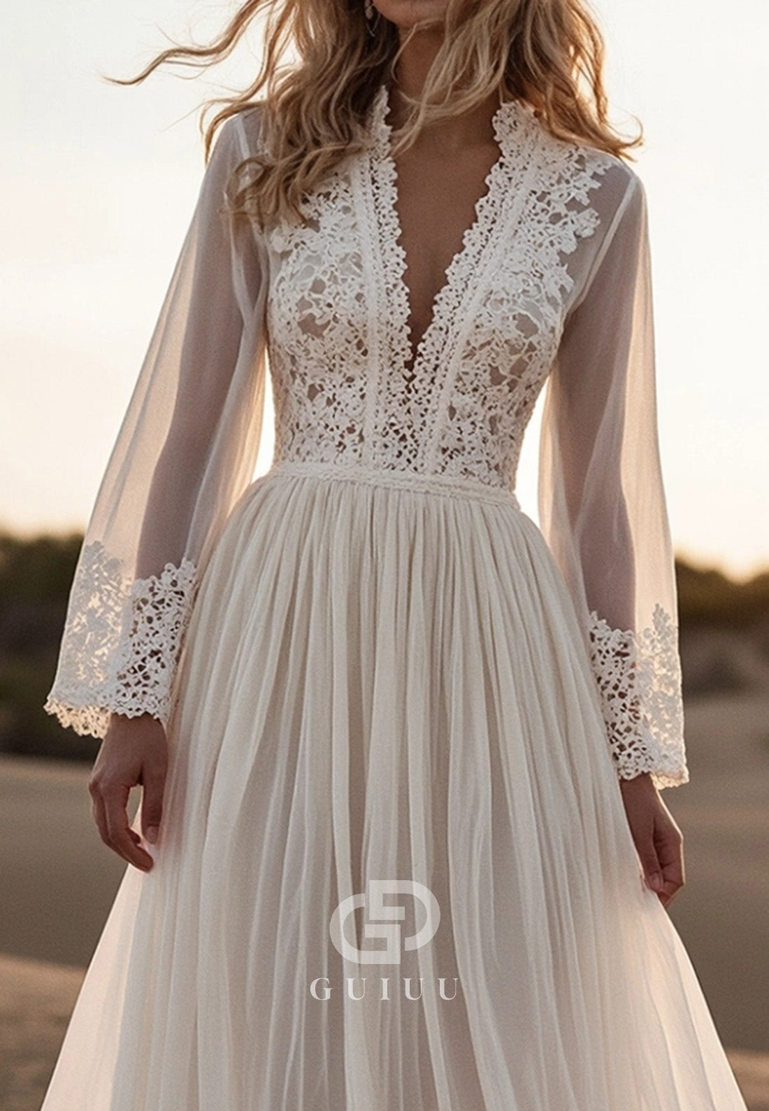 Bohemian Lace Dress White Deep V-Neck Wedding Dress
