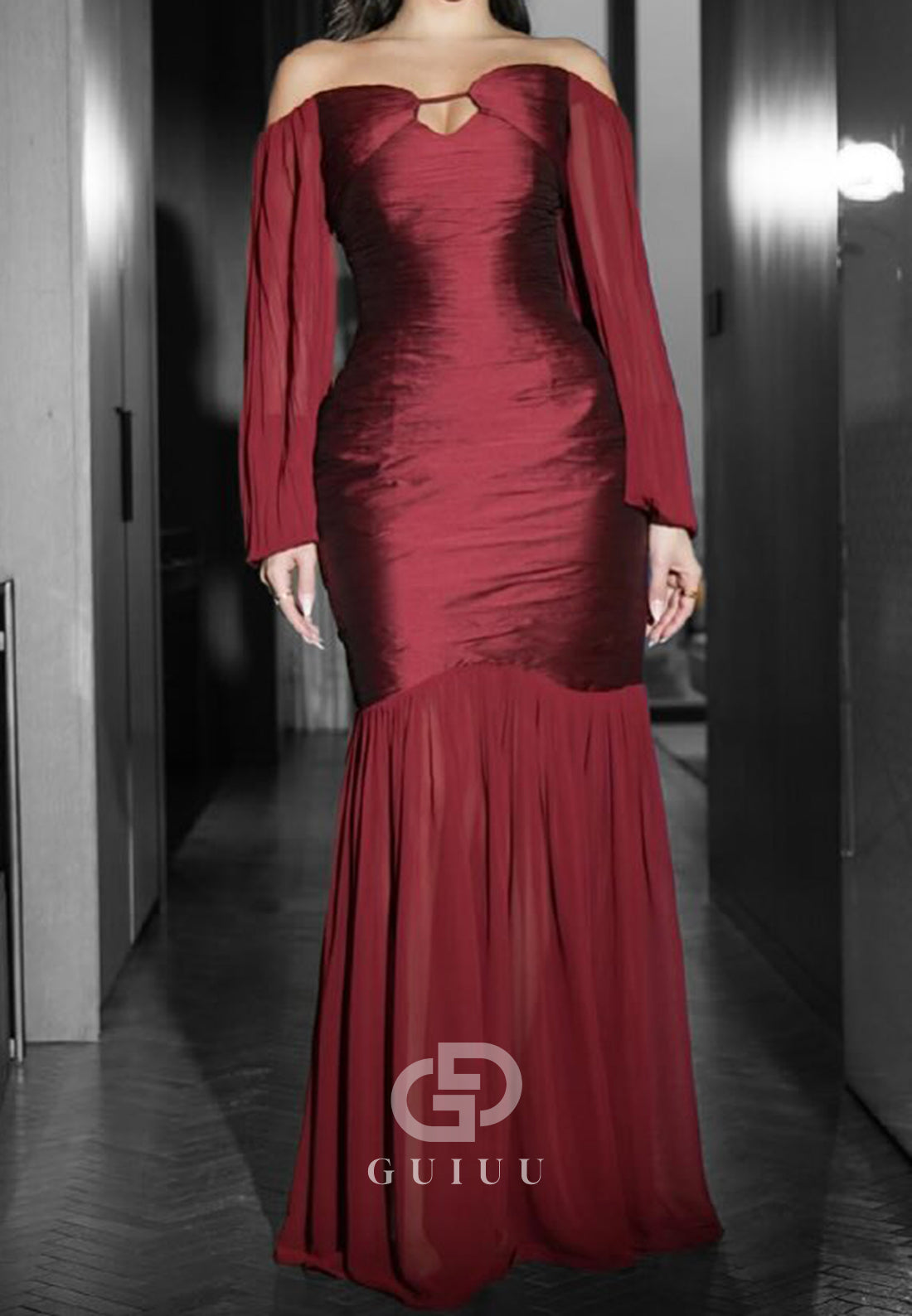Burgundy Long Sleeves Off-Shoulder A-Line Evening Dress
