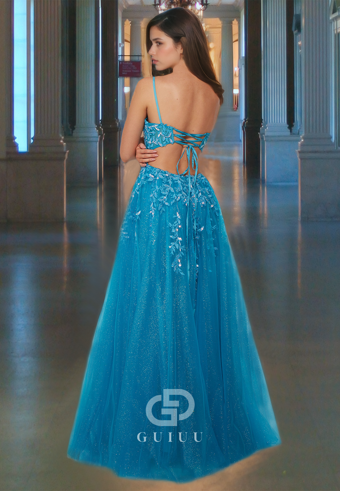 Charming Crystal Beaded Lace-Up A-Line Prom Dress with Side Slit and Lace Appliques