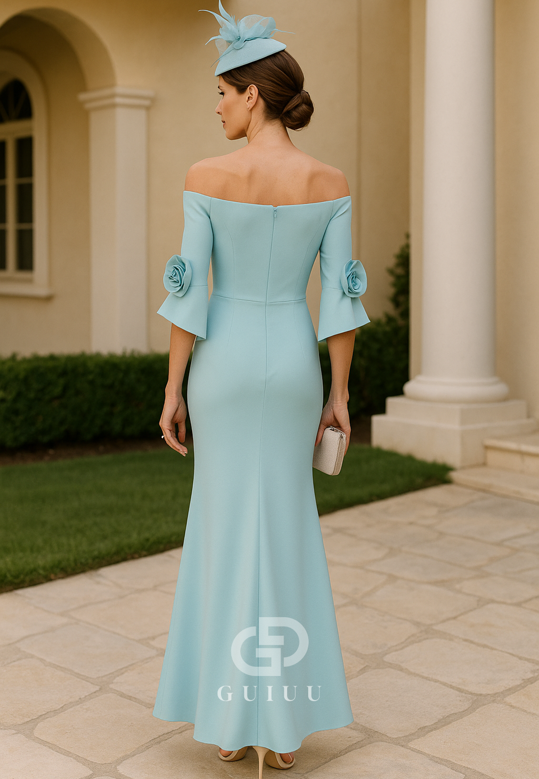 Half Sleeves Off-Shoulder Appliques Mother of the Bride Dress