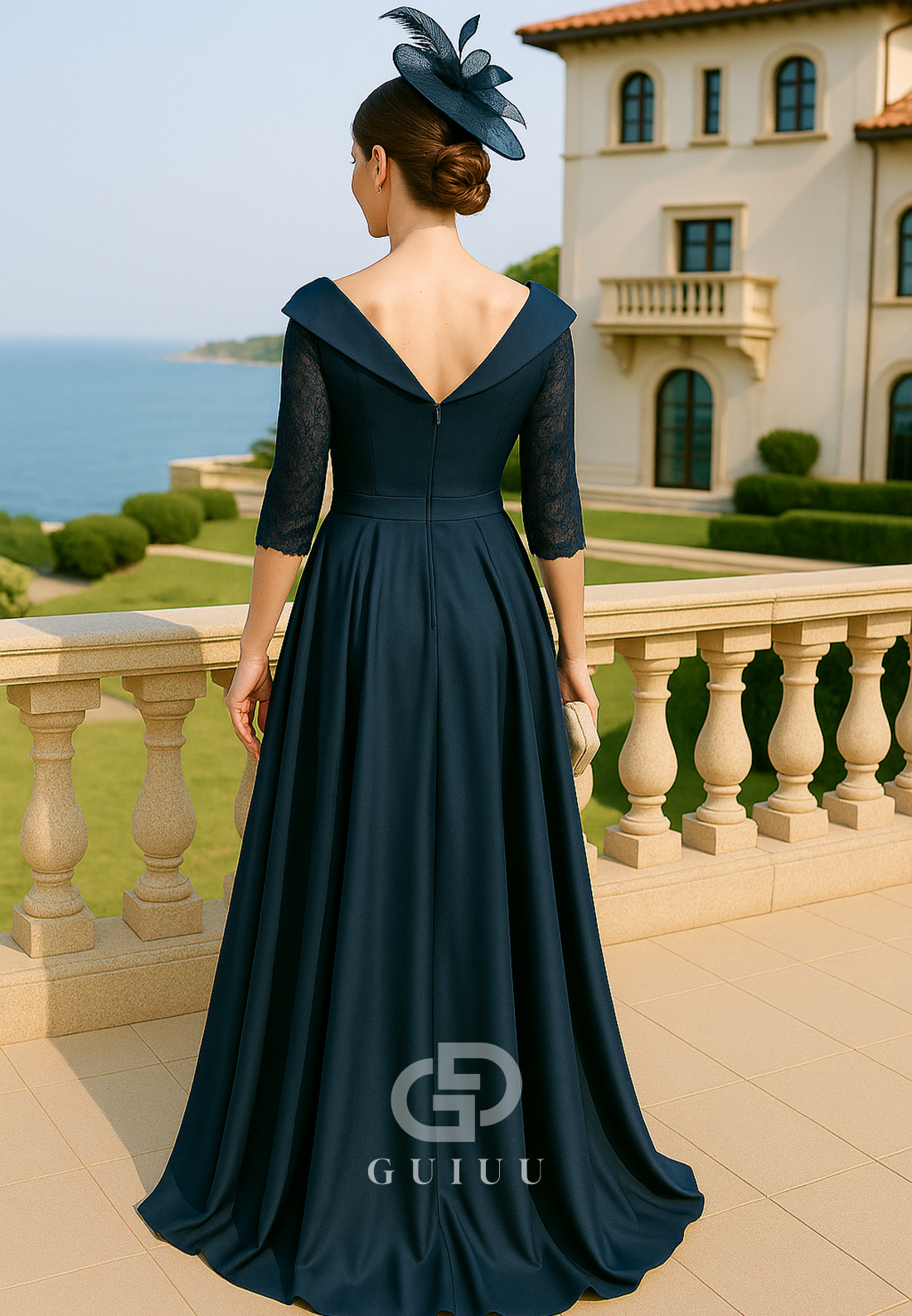 Peacock Half Sleeves V-Neck Ruched Mother of the Bride Dress