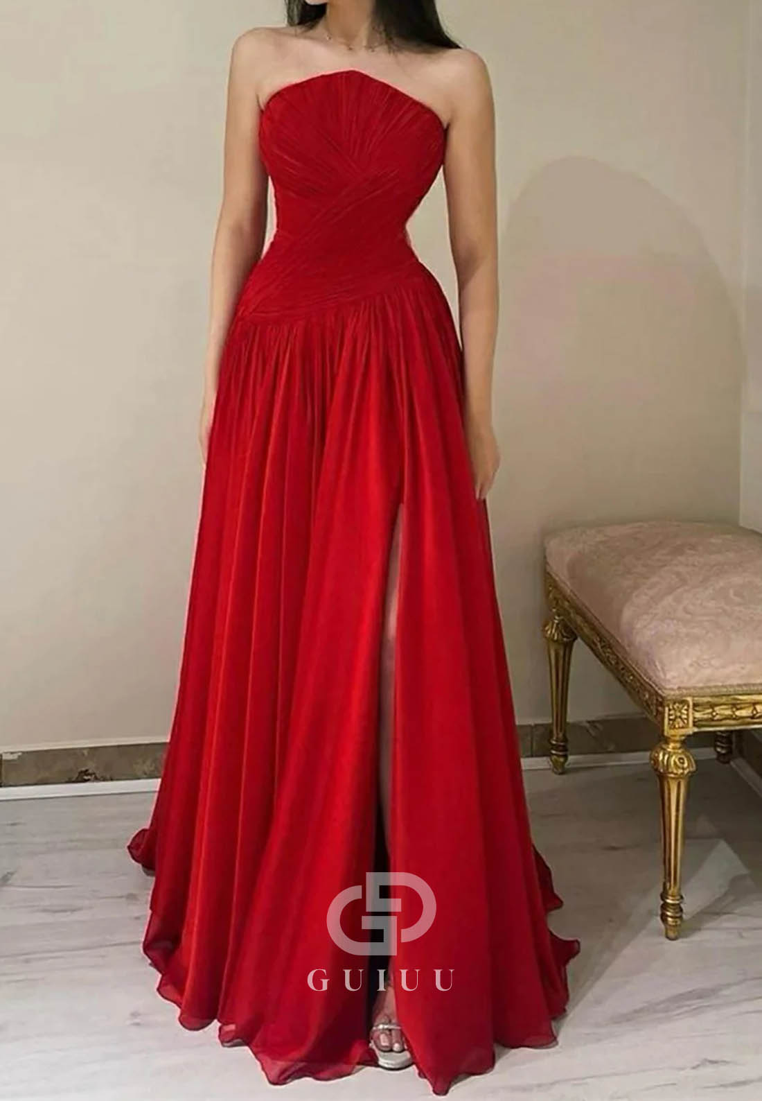Chiffon Strapless Red Evening Dress Elegant High Slit Long Prom Gown
