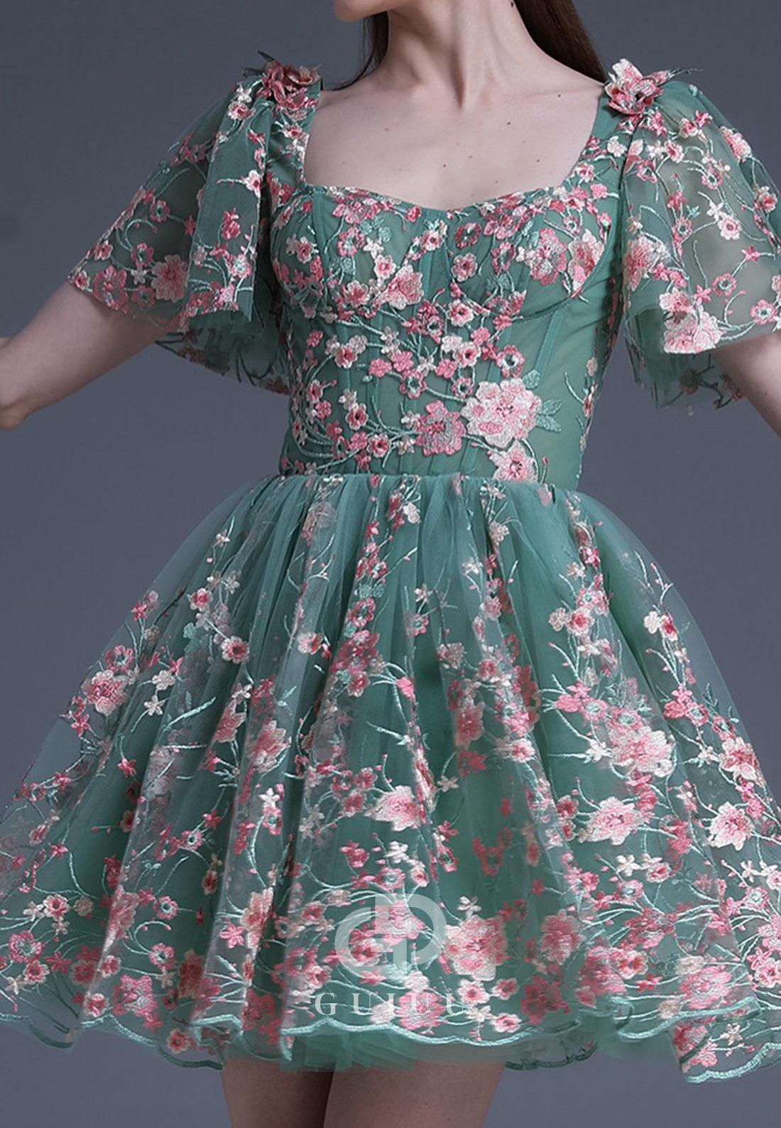 Dusty Sage Short Sleeves Scoop Floral Appliques Homecoming Dress