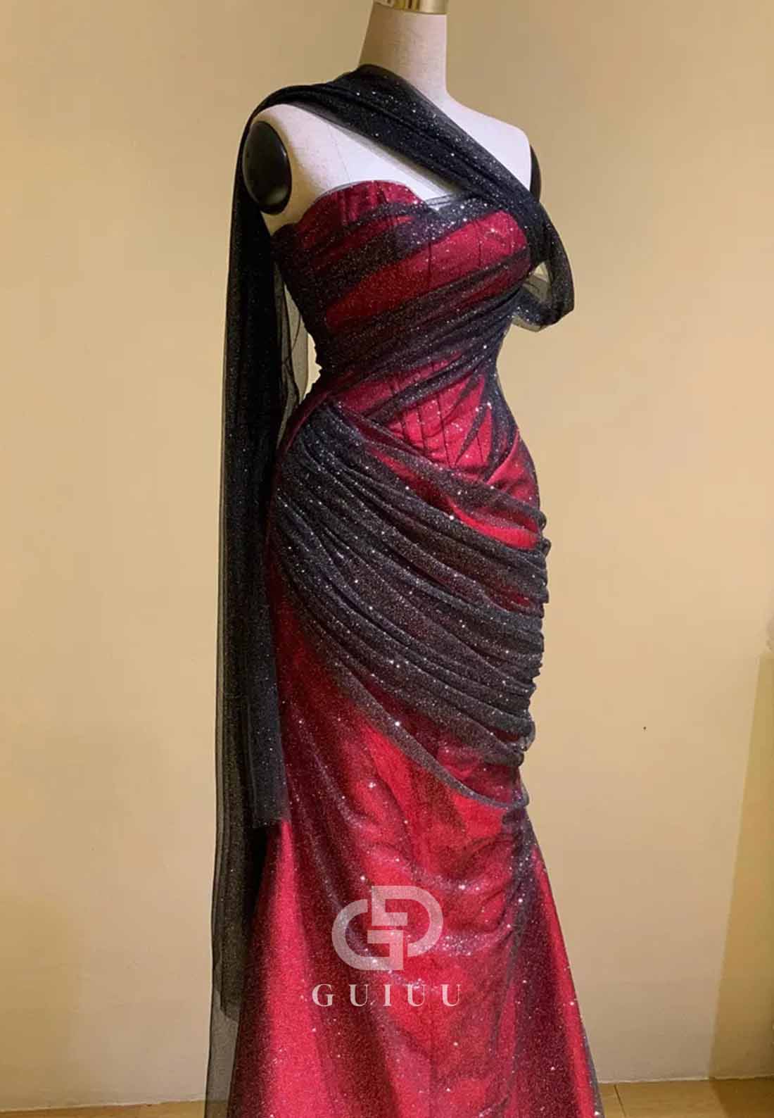 A-Line One Shoulder Sleeveless Ruched Lace-Up Back Prom Dress