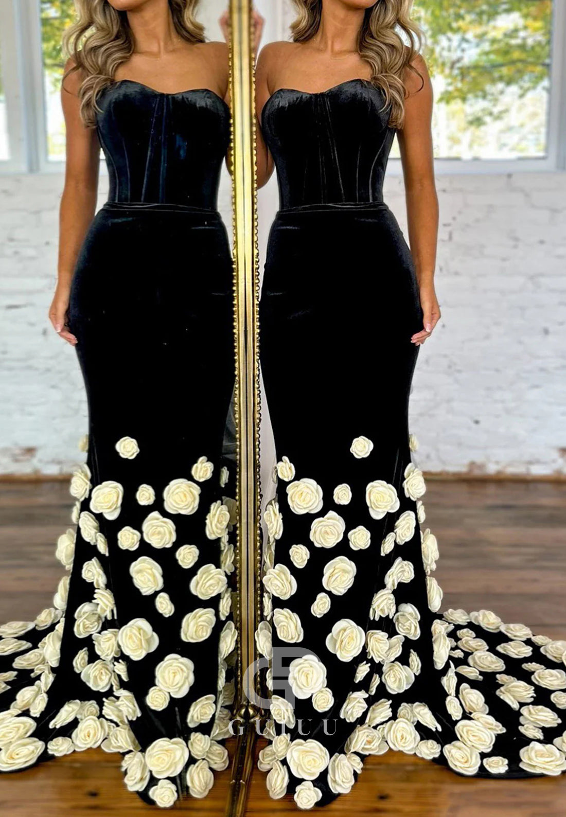 Elegant Black Mermaid Sweetheart Long Velvet Prom Dress with 3D Flowers